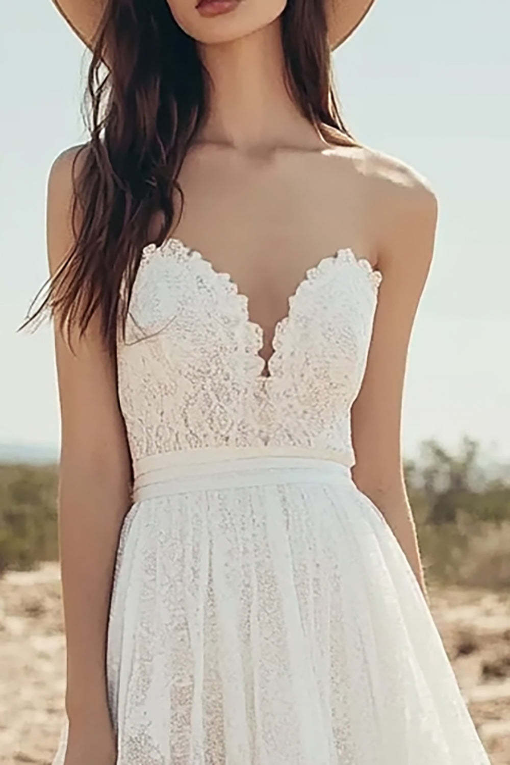 Ivory Lace A Line Sweetheart Maxi Boho Western Wedding Dress