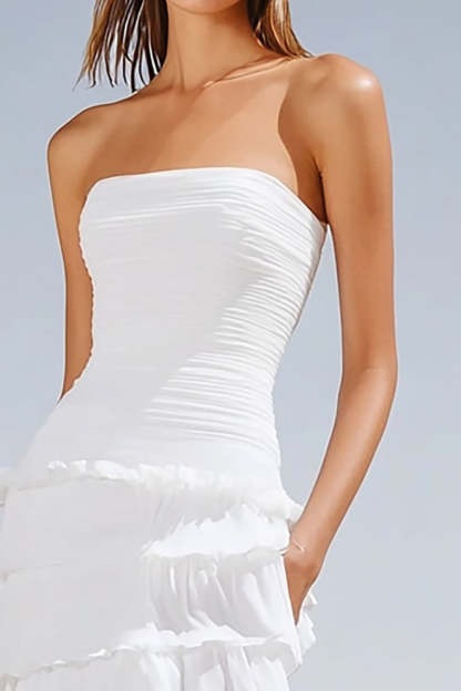 Ivory Asymmetrical Strapless Boho Western Wedding Dress with Ruffles