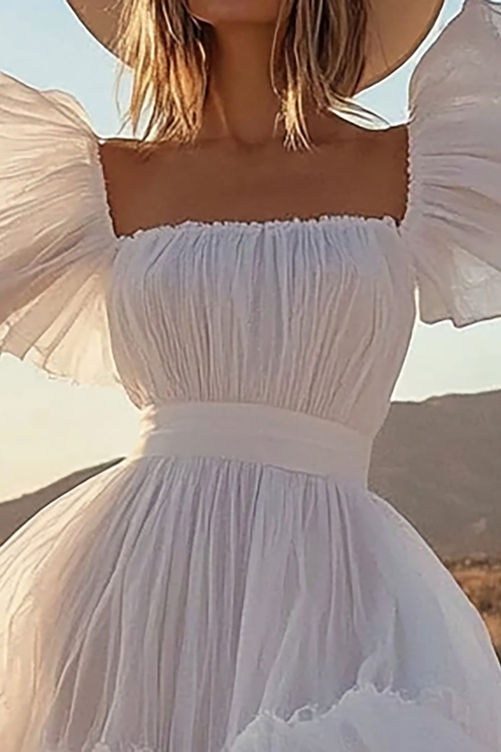 Ivory Square Neck Boho Midi Western Wedding Dress with Ruffles