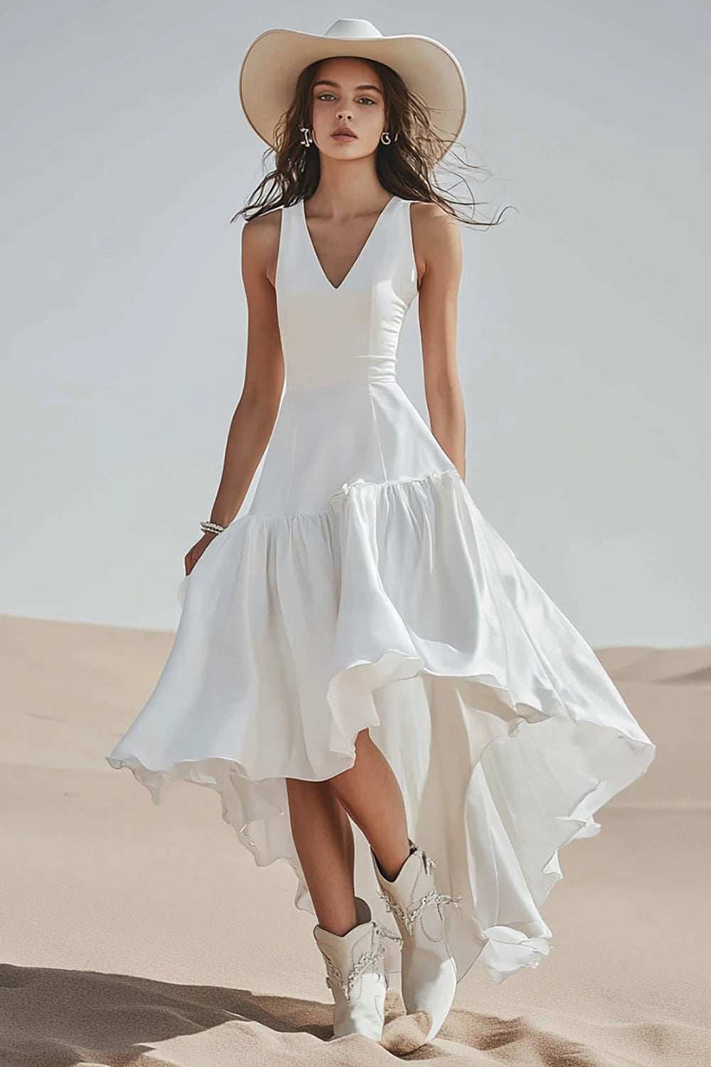 Ivory V-Neck A Line High-Low Boho Western Wedding Dress