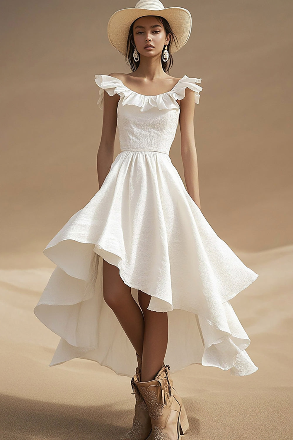 Ivory Boat Neck Boho High-Low Western Wedding Dress with Ruffles
