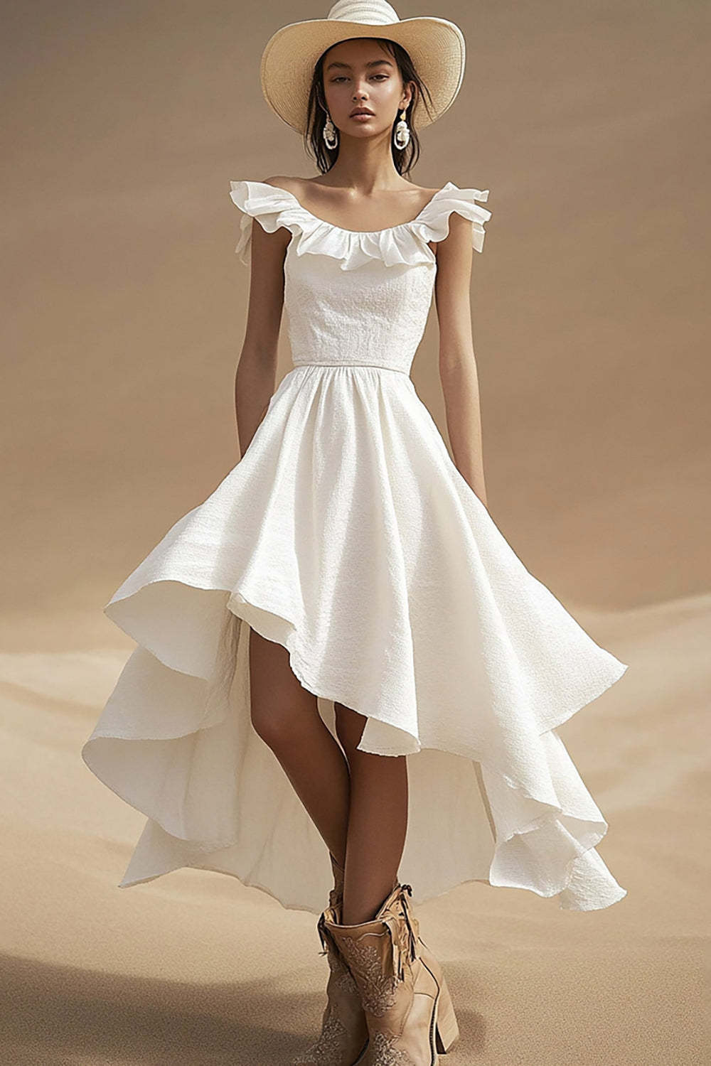 Leely Women Ivory High-Low Boho Western Wedding Dress with Ruffles A Line Boat Neck Cowgirl Wedding Dress