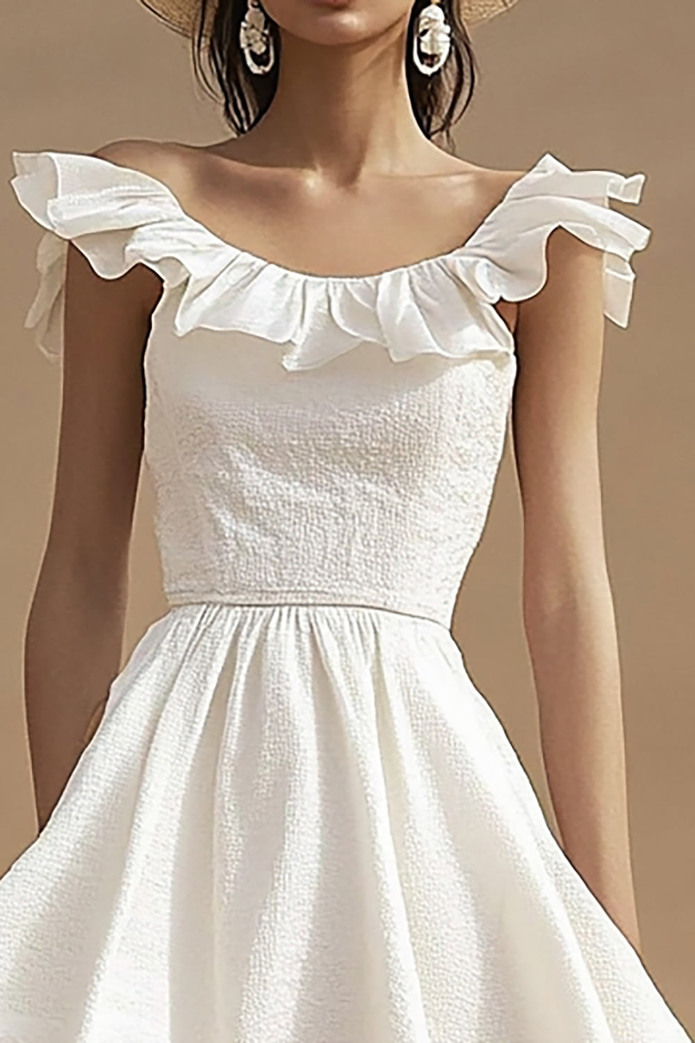 Ivory Boat Neck Boho High-Low Western Wedding Dress with Ruffles