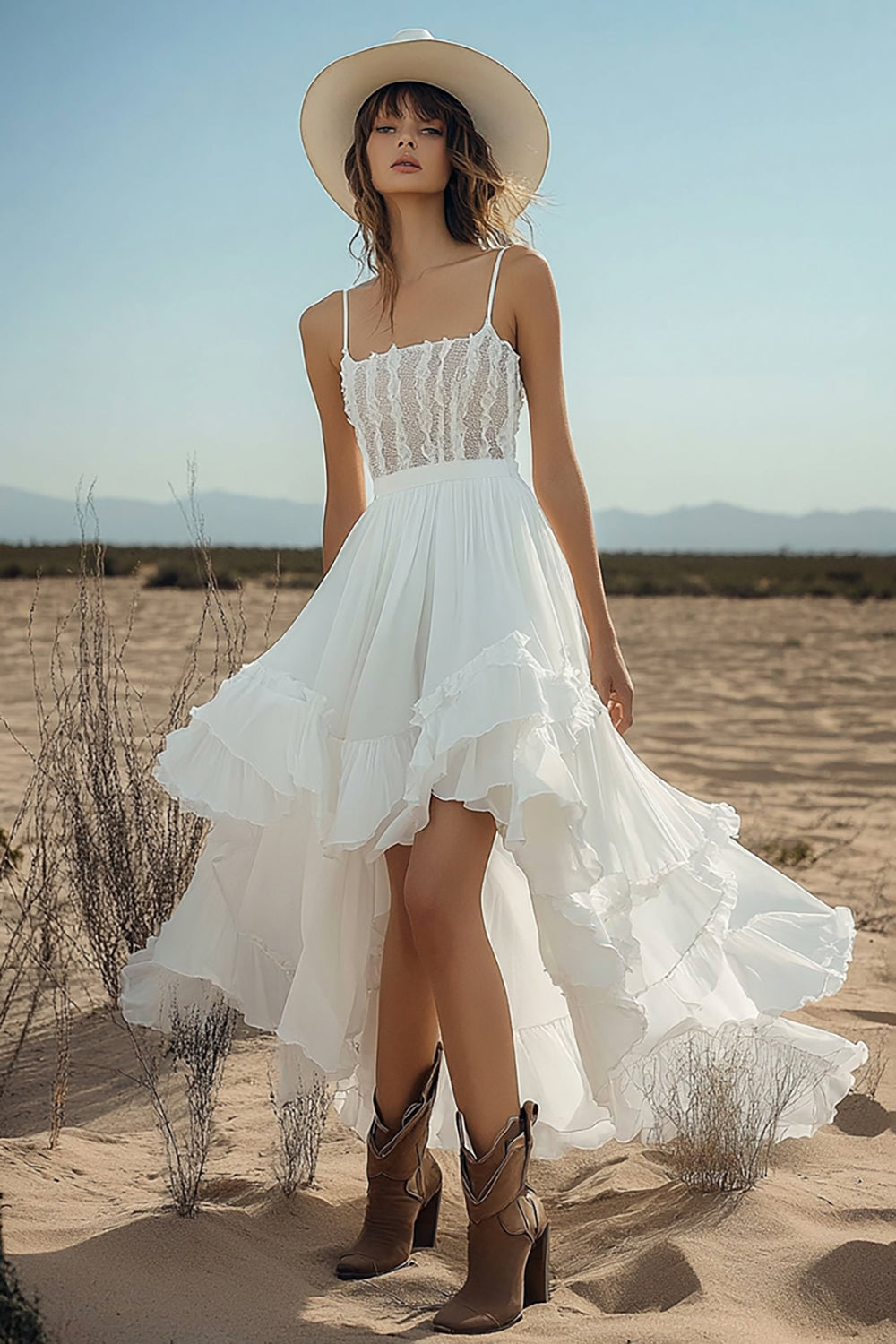 Ivory Chiffon High-Low Boho Western Wedding Dress with Lace