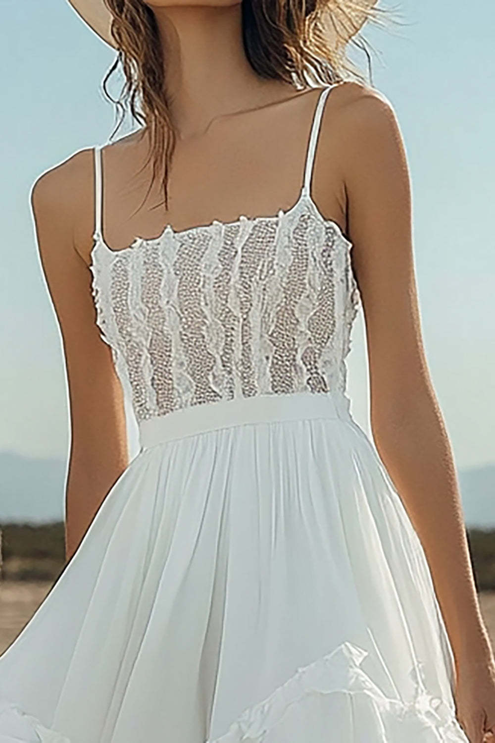 Ivory Chiffon High-Low Boho Western Wedding Dress with Lace