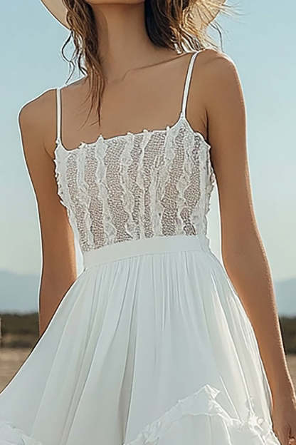 Ivory Chiffon High-Low Boho Western Wedding Dress with Lace