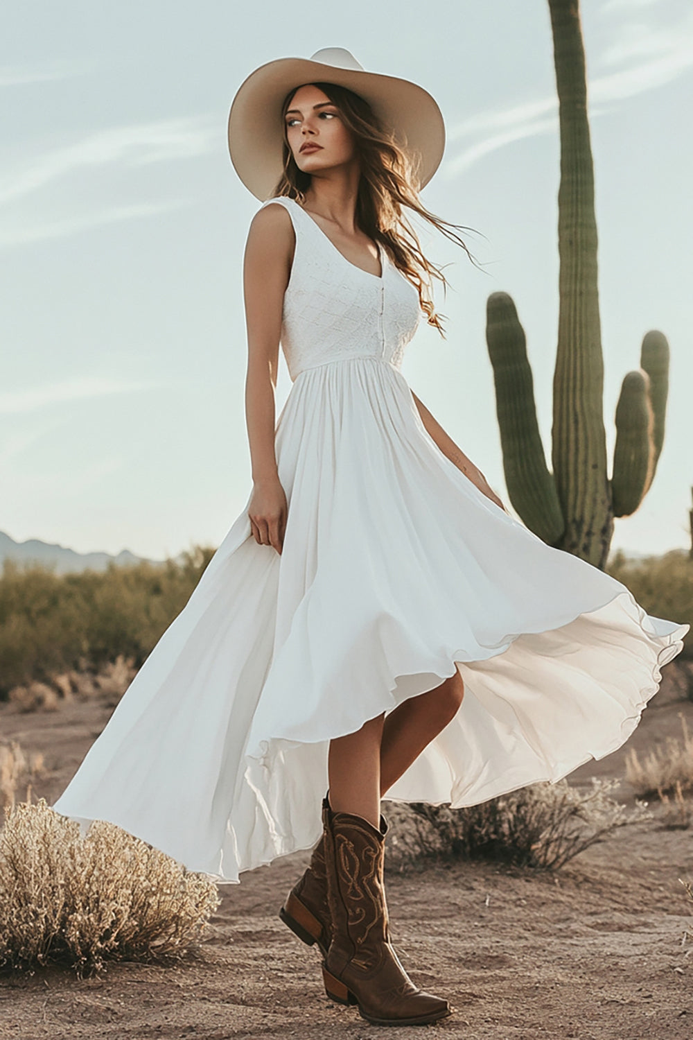 Ivory Chiffon High-Low V-Neck Boho Western Wedding Dress