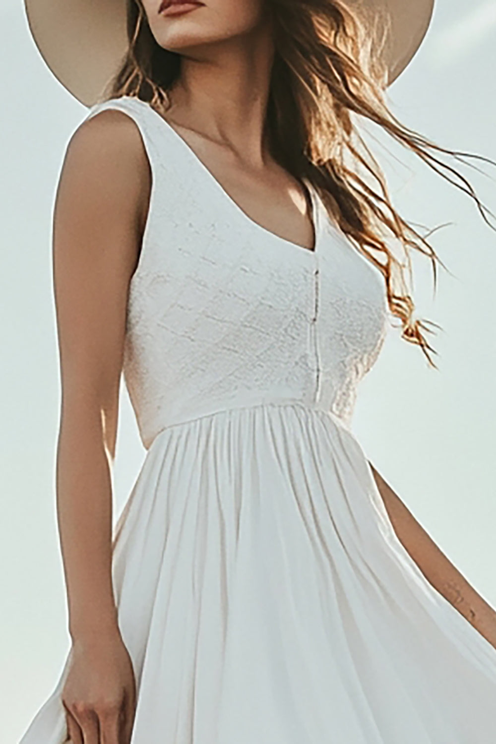 Ivory Chiffon High-Low V-Neck Boho Western Wedding Dress