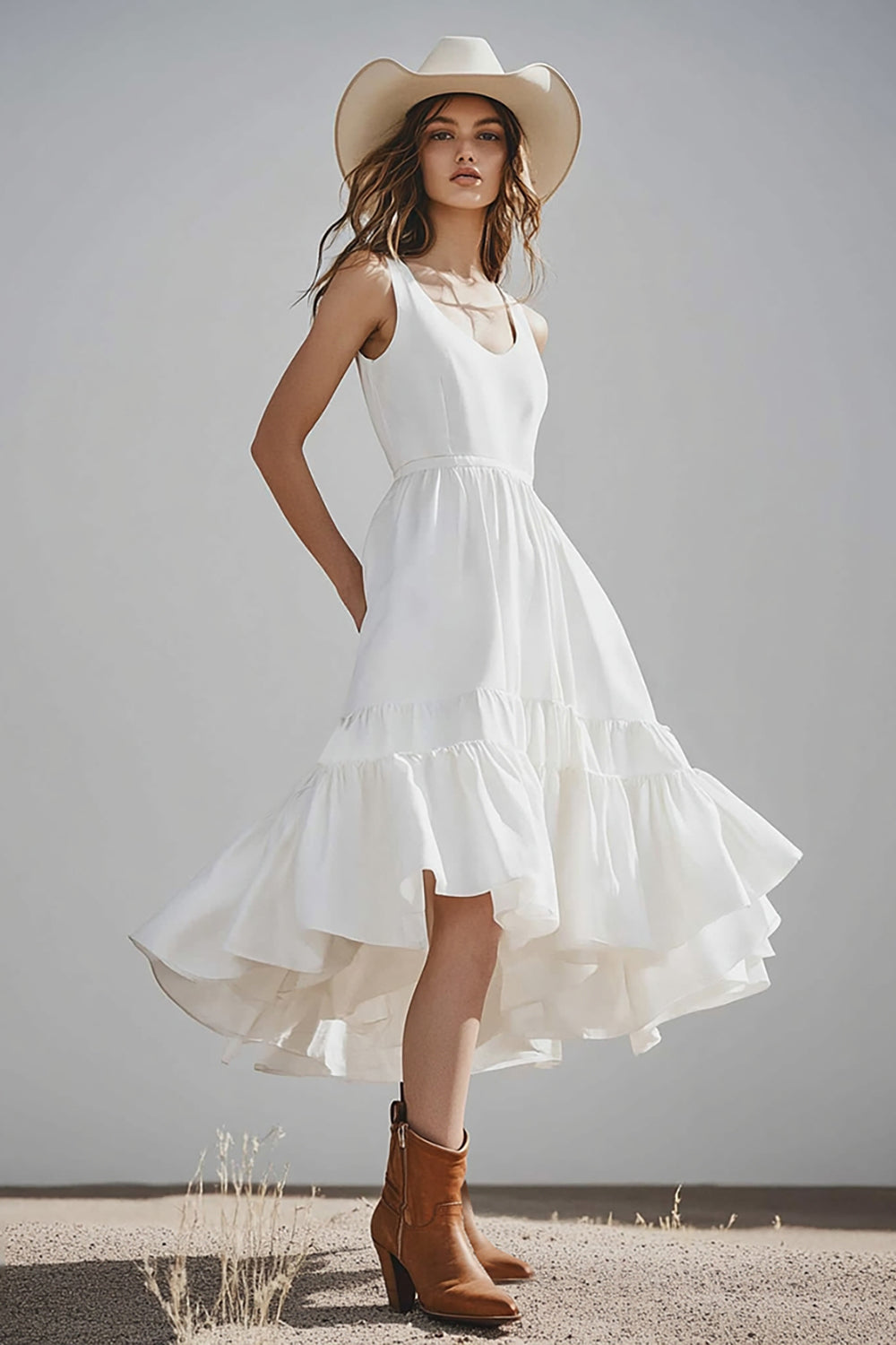 Leely Women Ivory Satin Midi Boho Western Wedding Dress A Line Scoop Neck Cowgirl Wedding Dress