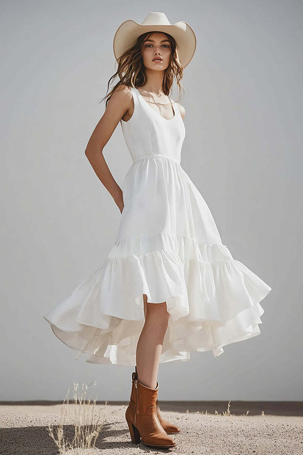 Leely Women Ivory Satin Midi Boho Western Wedding Dress A Line Scoop Neck Cowgirl Wedding Dress