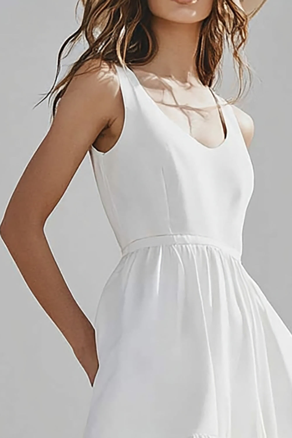 Ivory Satin Scoop Neck Midi Boho Western Wedding Dress