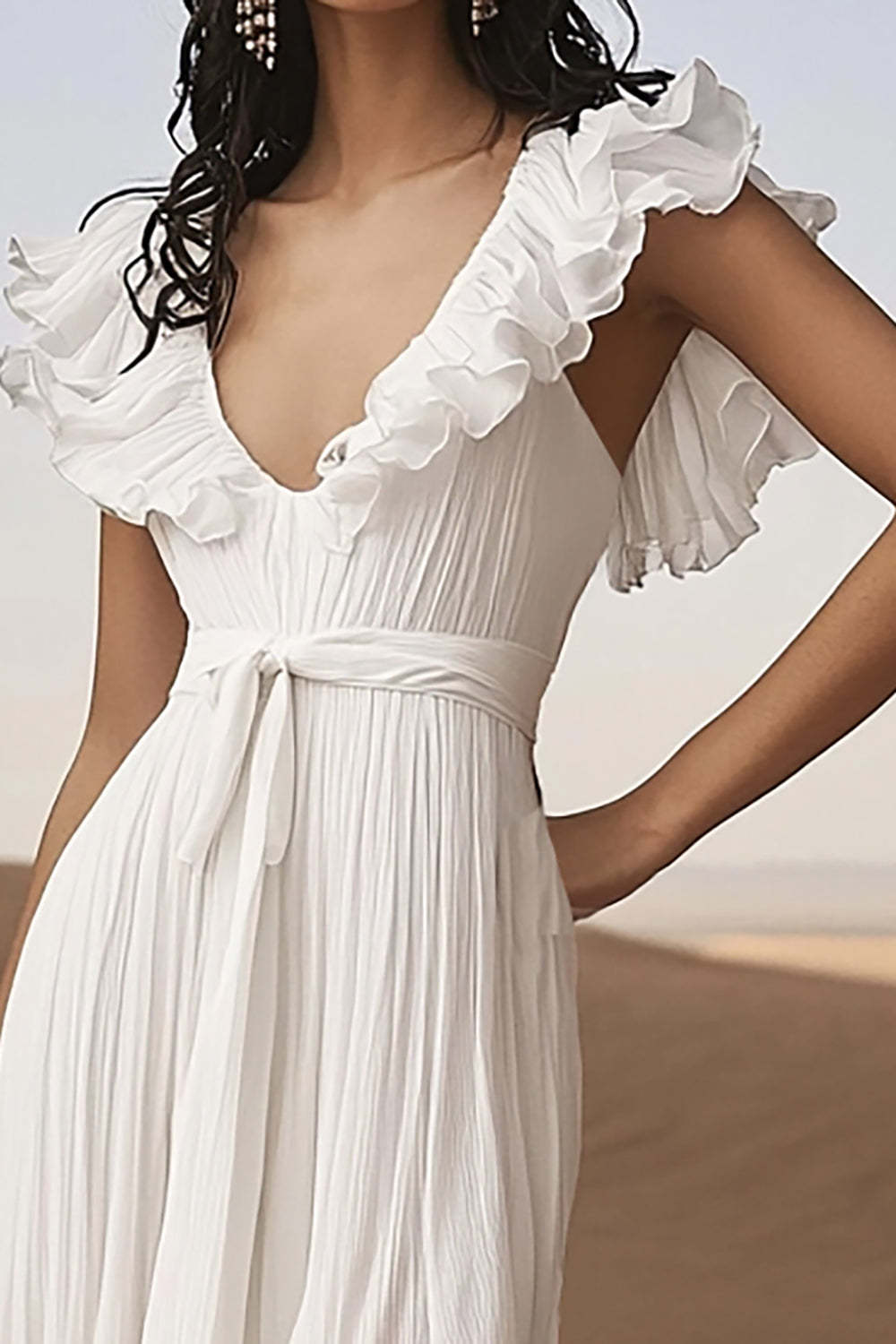 Ivory Ruffled Boho Asymmetrical Western Wedding Dress with Sash