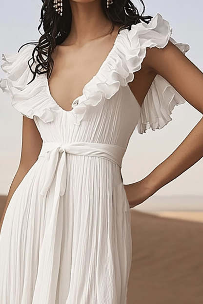 Ivory Ruffled Boho Asymmetrical Western Wedding Dress with Sash