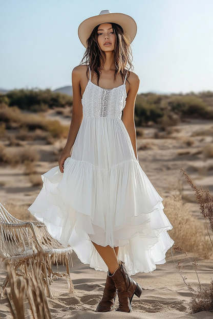 Leely Women Ivory Asymmetrical Boho Western Wedding Dress with Lace Spaghetti Straps A Line Chiffon Cowgirl Wedding Dress