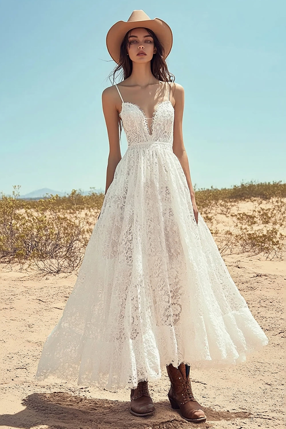 Leely Women Ivory Lace Maxi Boho Western Wedding Dress Spaghetti Straps A Line Cowgirl Wedding Dress