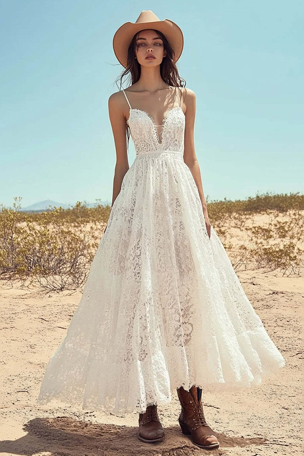 Leely Women Ivory Lace Maxi Boho Western Wedding Dress Spaghetti Straps A Line Cowgirl Wedding Dress