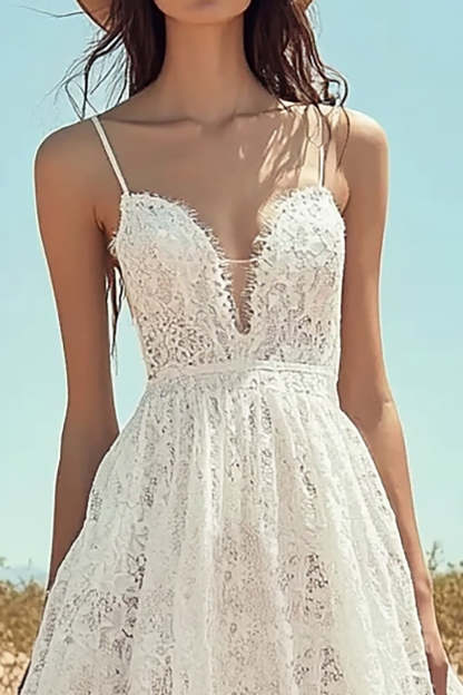 Ivory Spaghetti Straps Lace Maxi Boho Western Wedding Dress