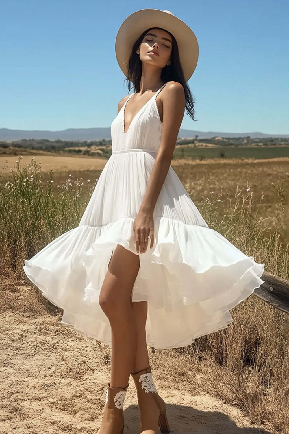 Leely Women Ivory Midi Boho Western Wedding Dress A Line V-Neck Cowgirl Wedding Dress