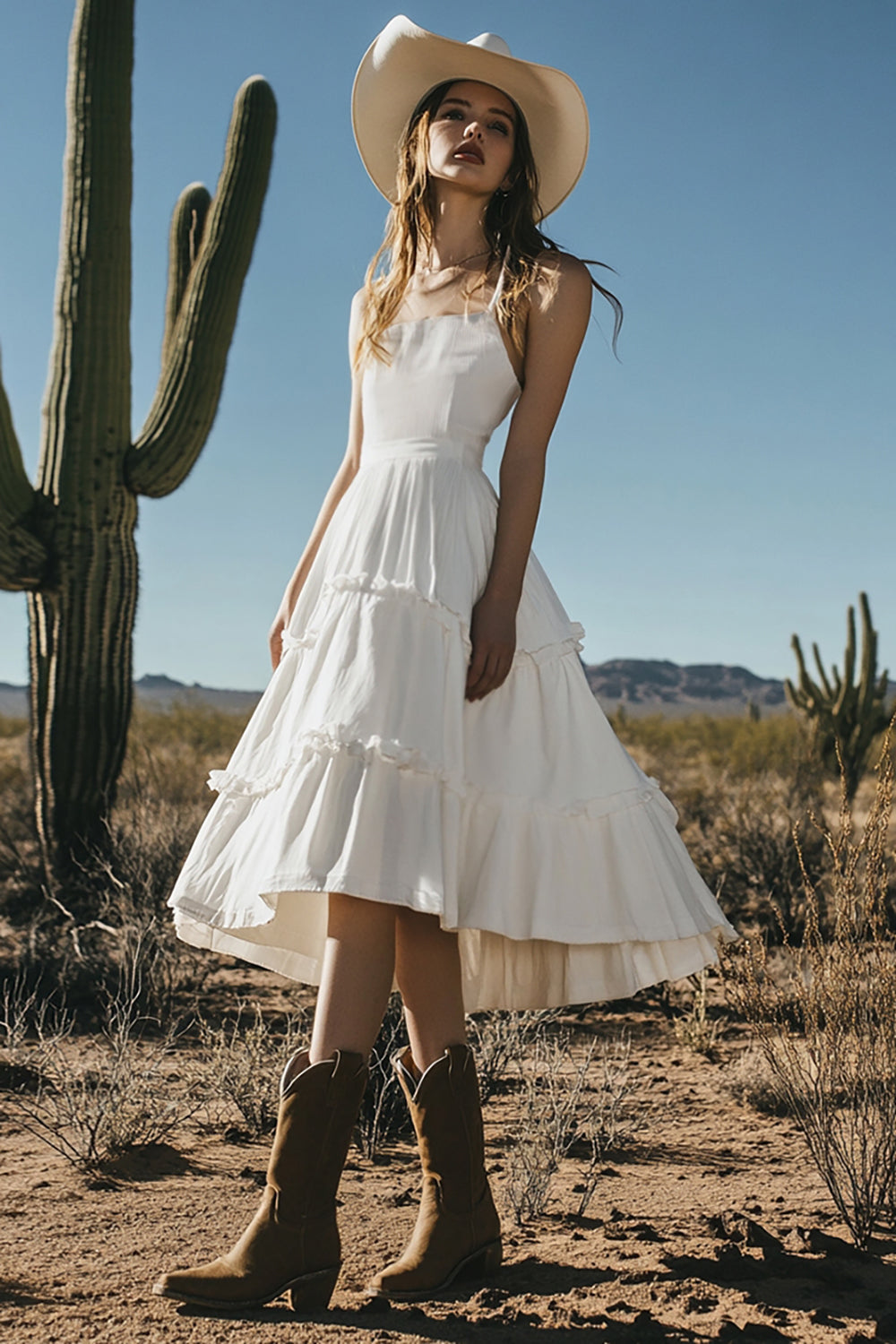 Leely Women Ivory Boho Midi Western Wedding Dress with Ruffles Spaghetti Straps A Line Cowgirl Wedding Dress