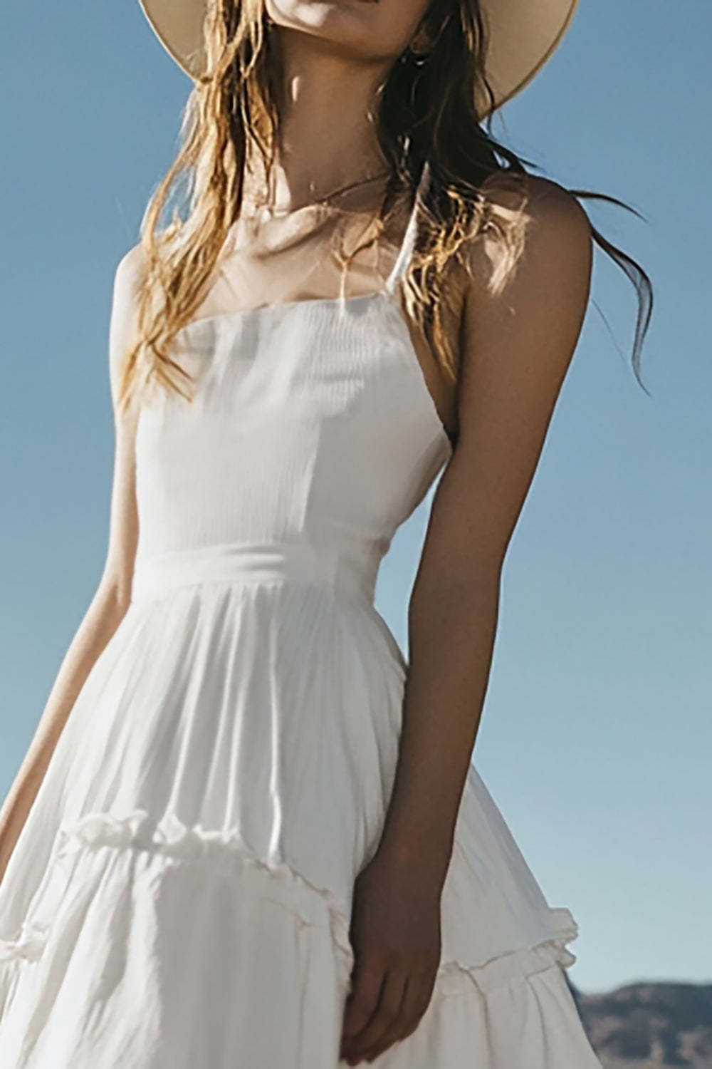 Ivory Boho Midi Western Wedding Dress with Ruffles