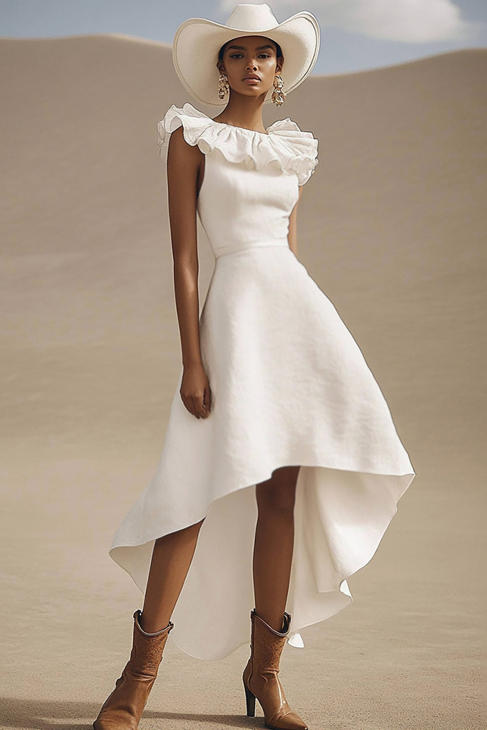 Ivory A Line High-Low Boho Western Wedding Dress with Ruffles