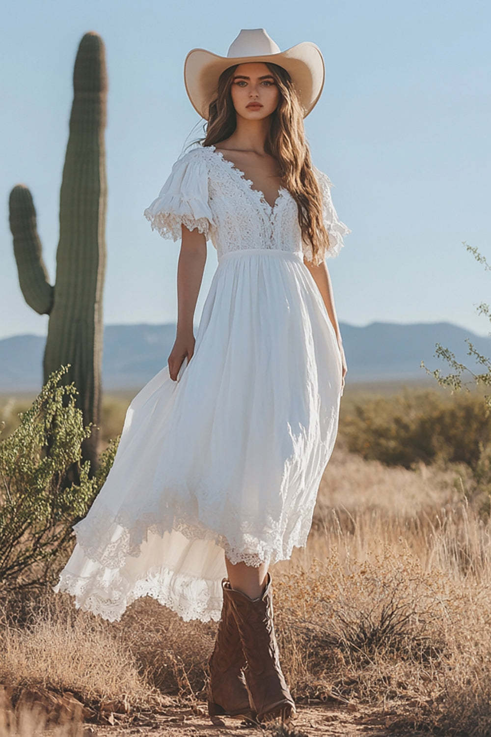 Leely Women Ivory Boho Maxi Western Wedding Dress with Lace V-Neck Short Sleeves A Line Cowgirl Wedding Dress