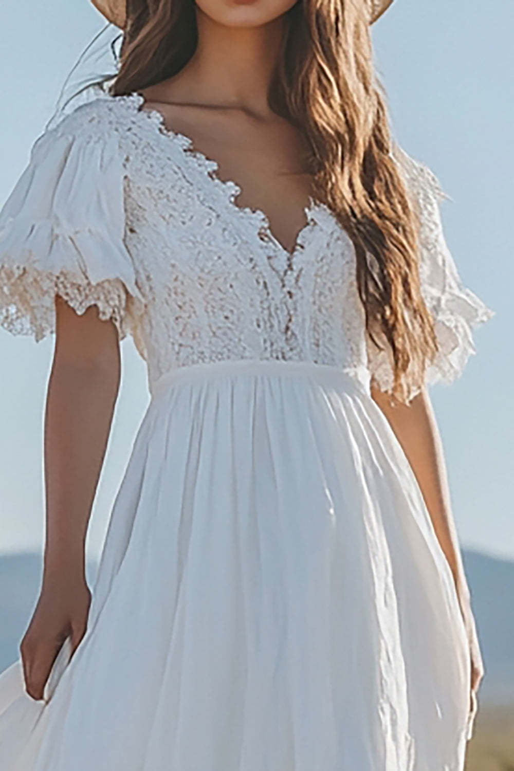Ivory Boho Short Sleeves Maxi Western Wedding Dress with Lace