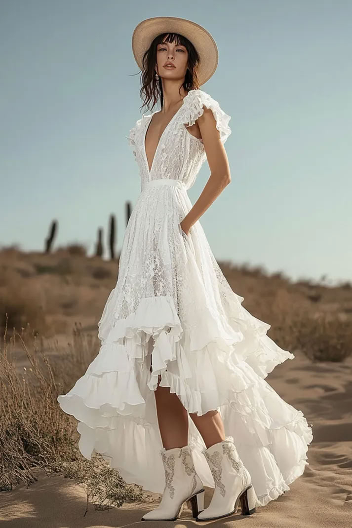 Ivory Ruffled Lace Boho High-Low Western Wedding Dress with Pockets