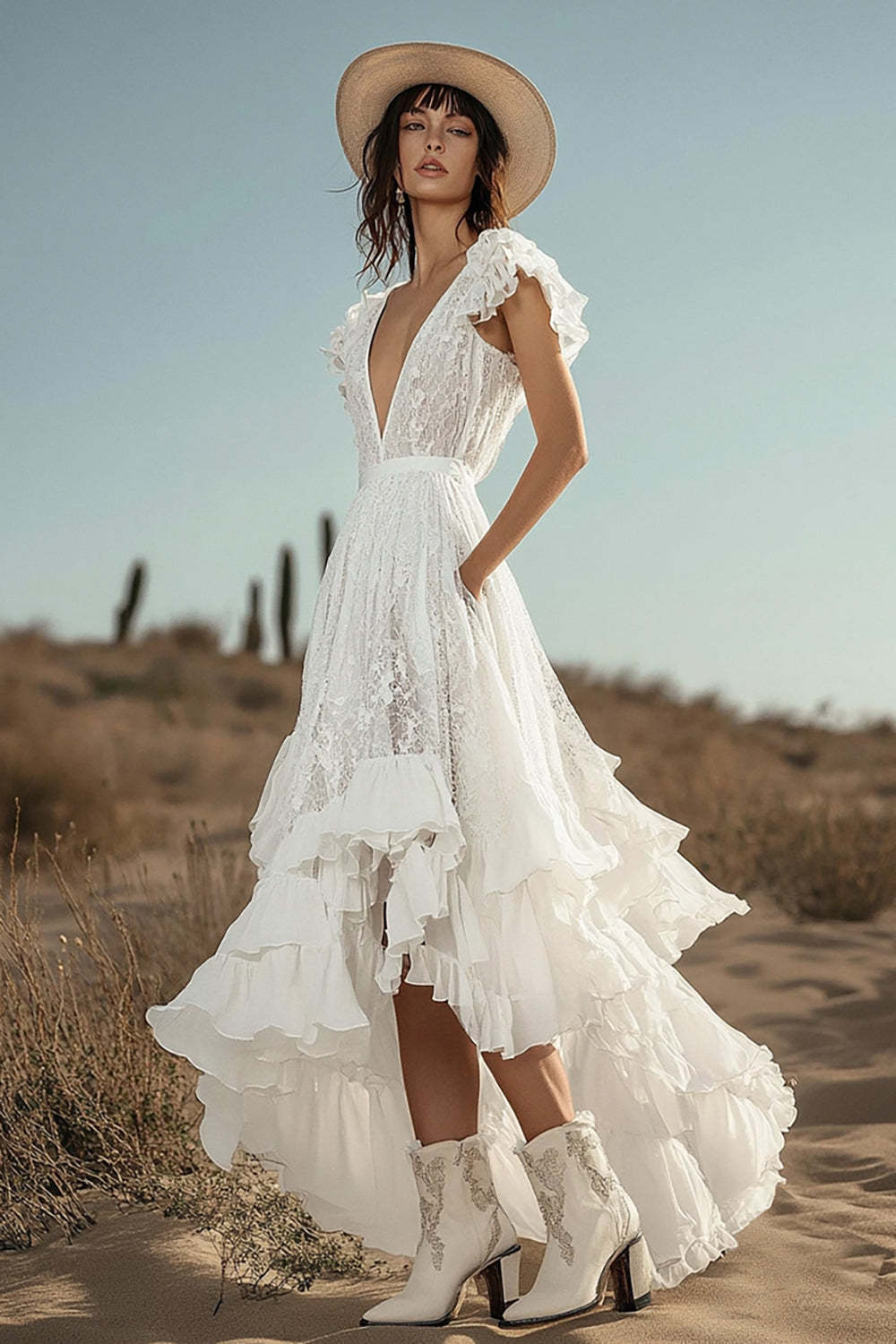 Leely Women Ivory Boho High-Low Western Wedding Dress with Pockets Ruffled Lace A Line V-Neck Cowgirl Wedding Dress with Sleeves
