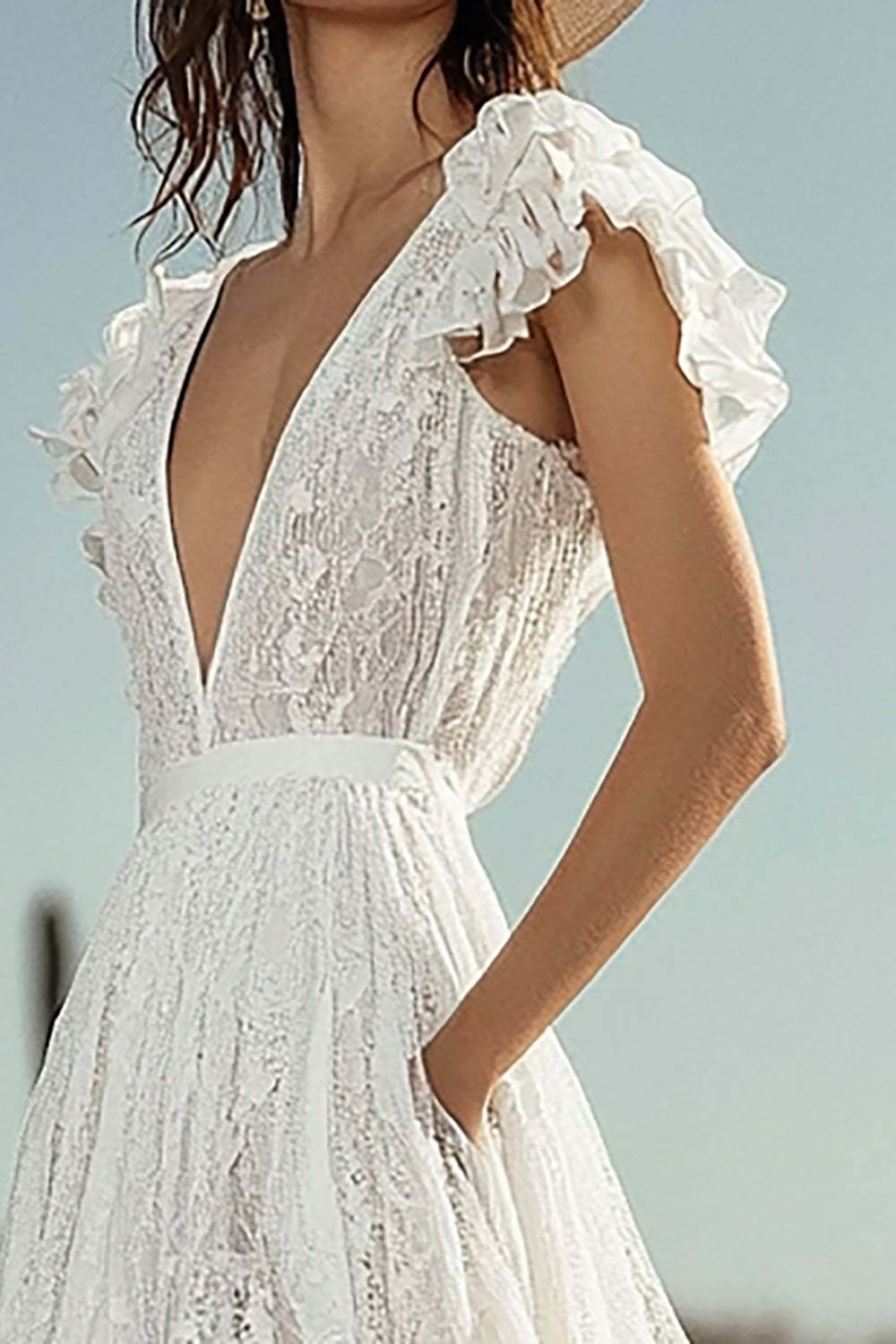 Ivory Ruffled Lace Boho High-Low Western Wedding Dress with Pockets