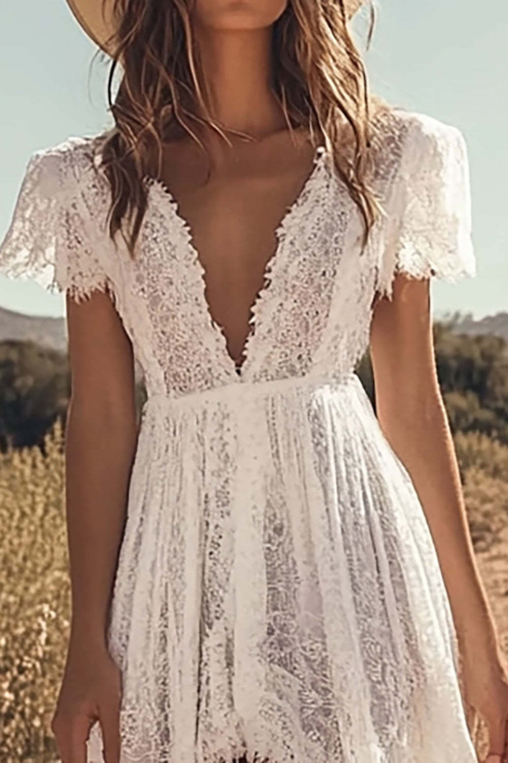 Lace Ivory Short Sleeves Boho High-Low Western Wedding Dress