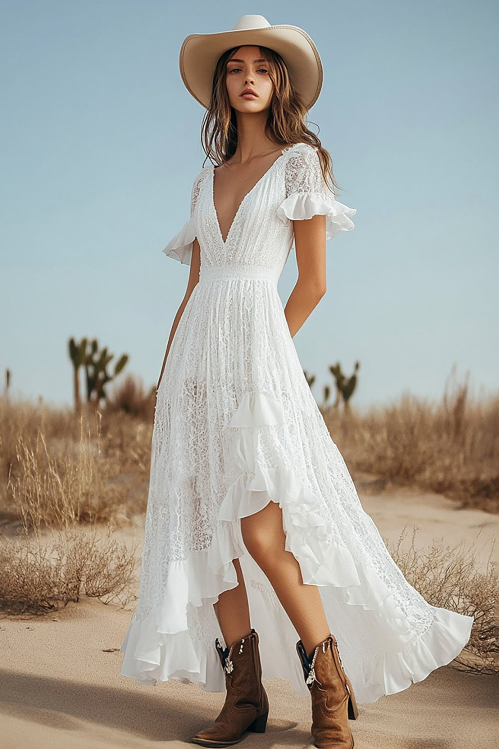 Boho Ivory Lace High-Low Western Wedding Dress with Sleeves