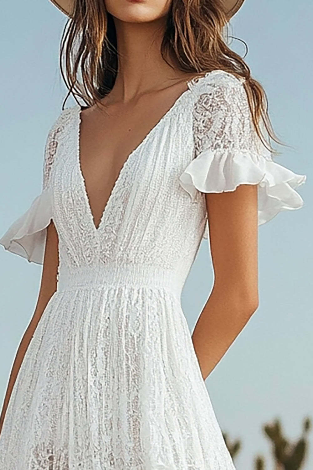 Boho Ivory Lace High-Low Western Wedding Dress with Sleeves