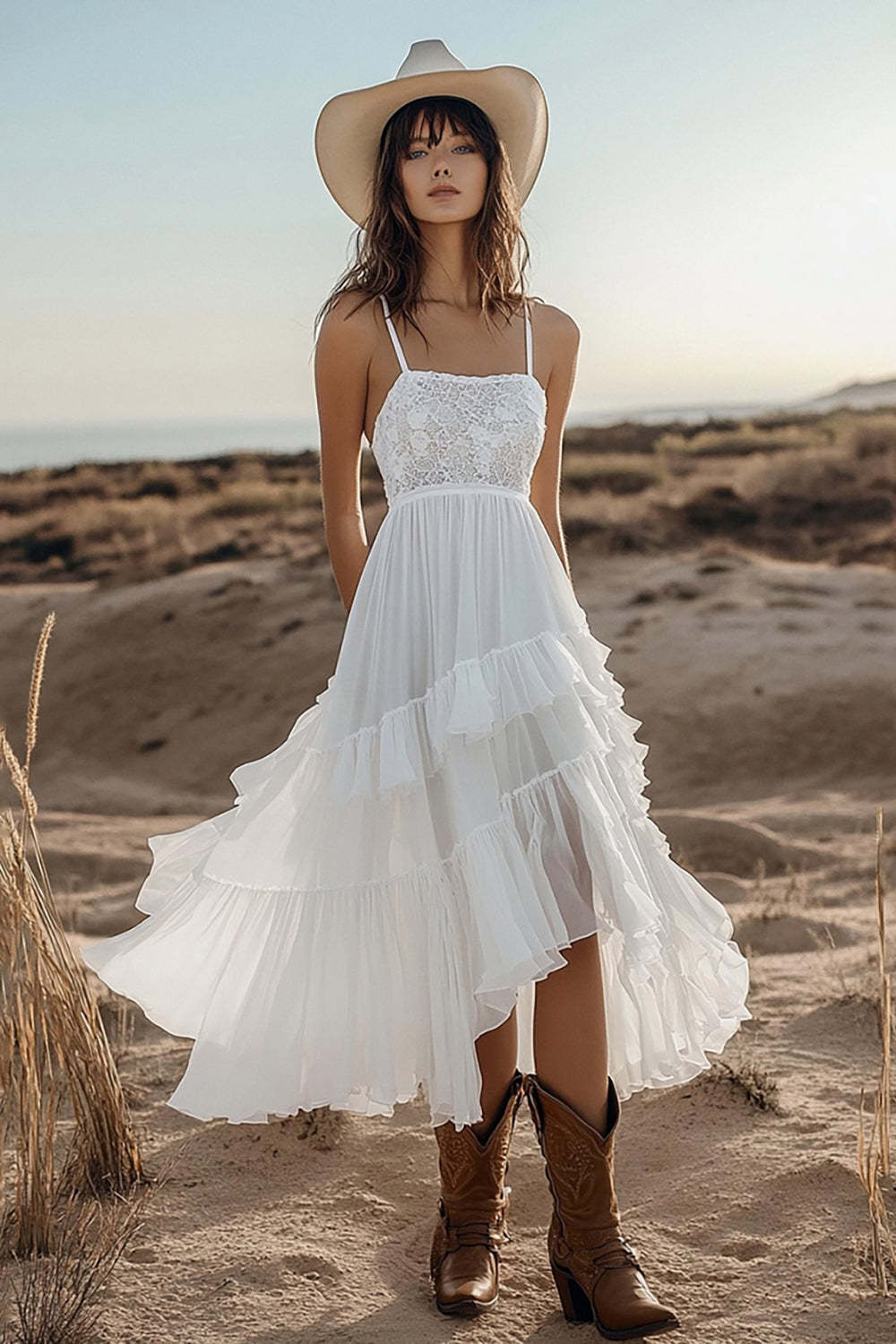 Leely Women Ivory Tiered High-Low Boho Western Wedding Dress with Lace Spaghetti Straps Chiffon A Line Cowgirl Wedding Dress with Ruffles