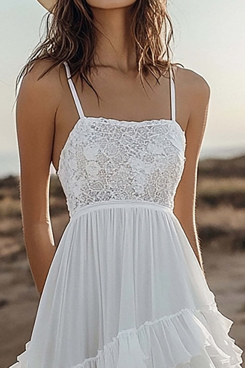 Chiffon Tiered Ivory High-Low Boho Western Wedding Dress with Lace