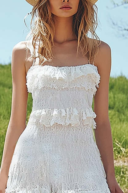 Boho Ivory High-Low Lace Western Wedding Dress with Ruffles