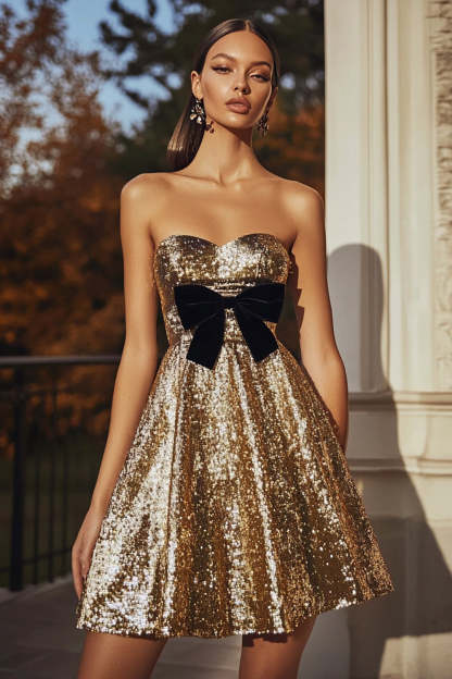 Leely Women Sparkly Gold Sequin Short A Line Cocktail Dress with Bow Sweetheart Party Dress