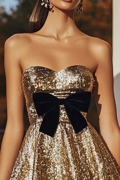 Sparkly A Line Gold Sweetheart Sequin Short Cocktail Dress with Bow