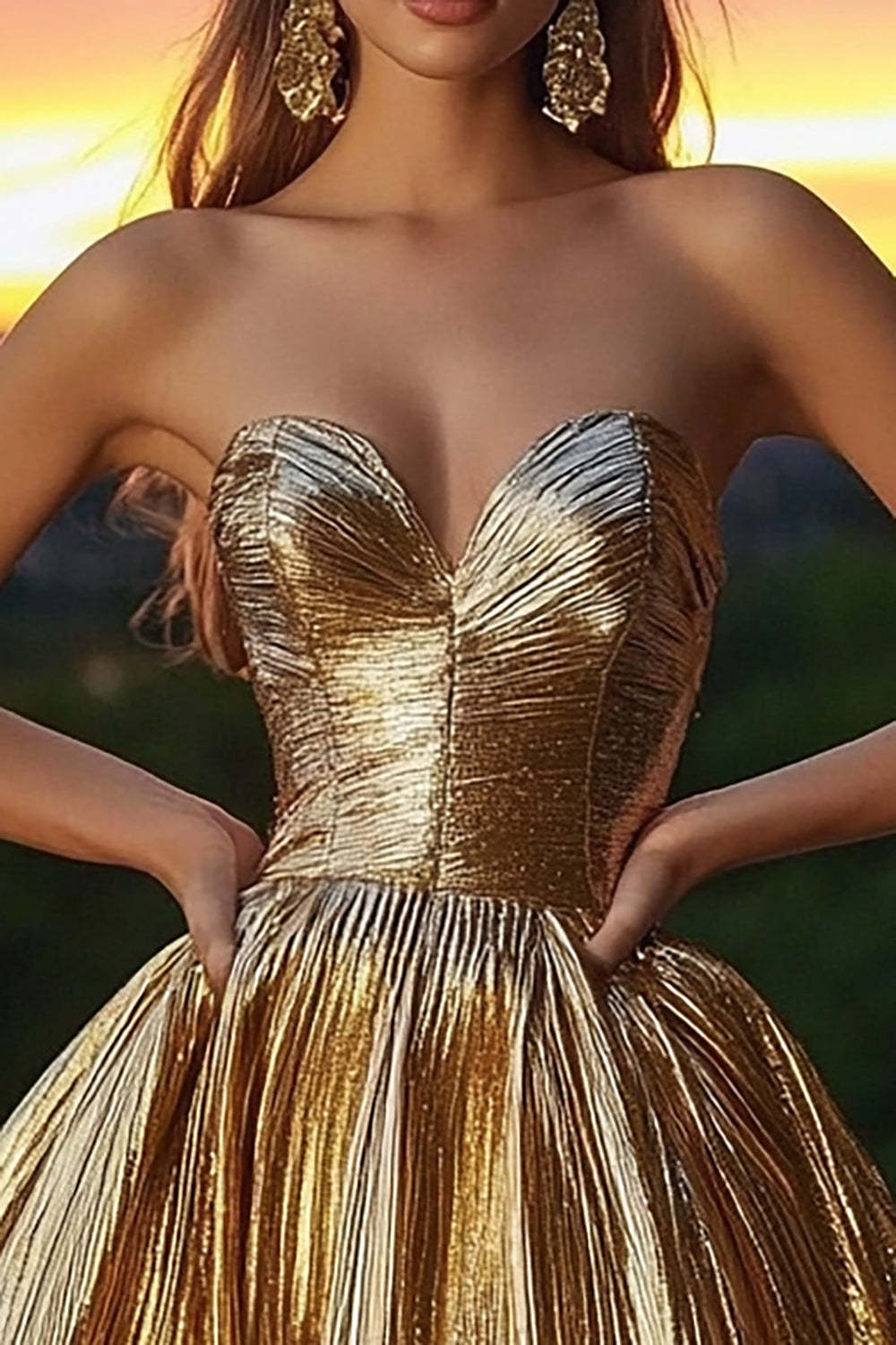 Sparkly Gold Sweetheart Metallic A Line Short Cocktail Dress with Pleats