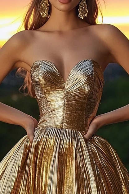Sparkly Gold Sweetheart Metallic A Line Short Cocktail Dress with Pleats