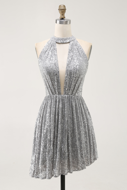 Sparkly Silver Halter Sequin A Line Short Cocktail Dress with Keyhole