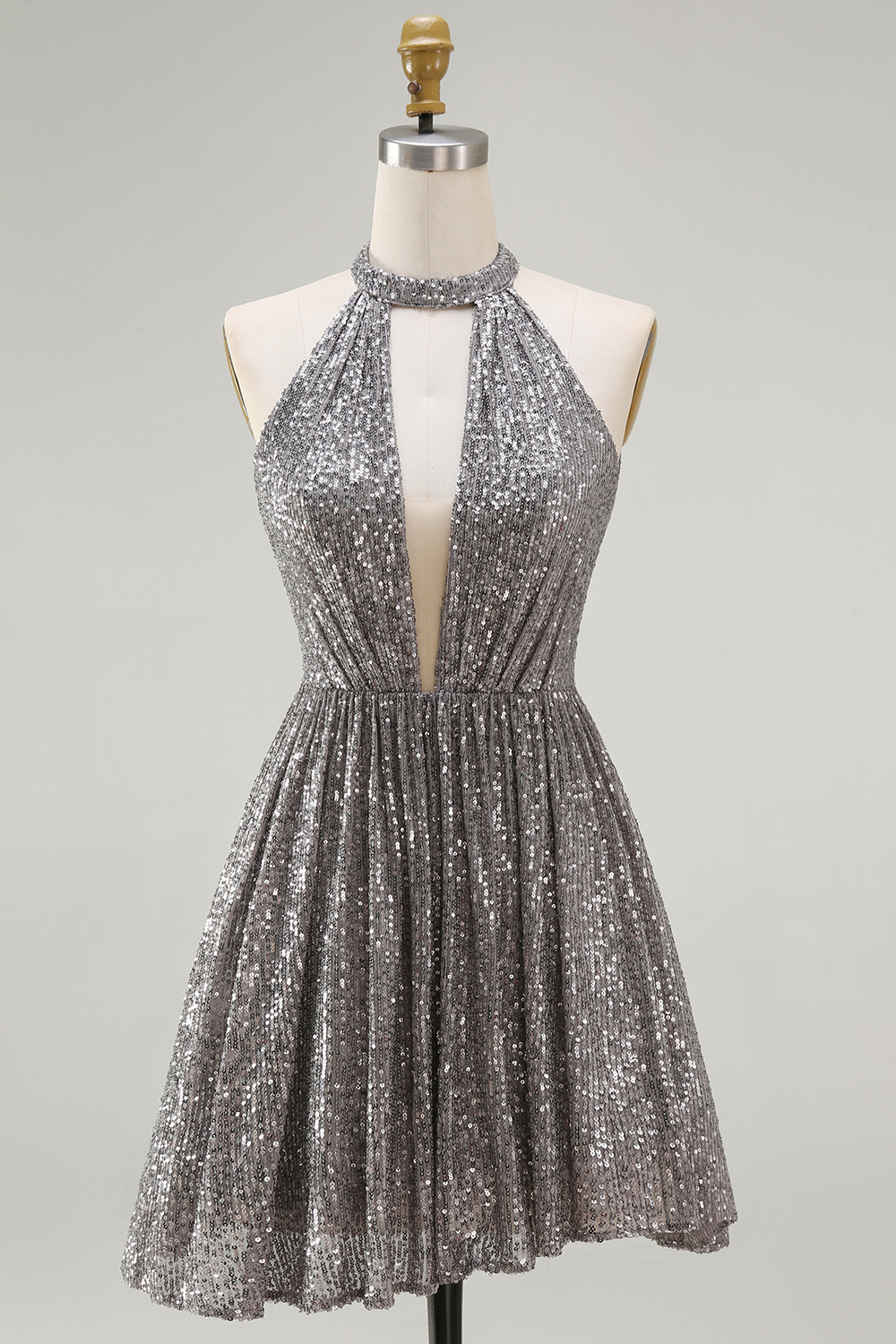 Sparkly Silver Halter Sequin A Line Short Cocktail Dress with Keyhole