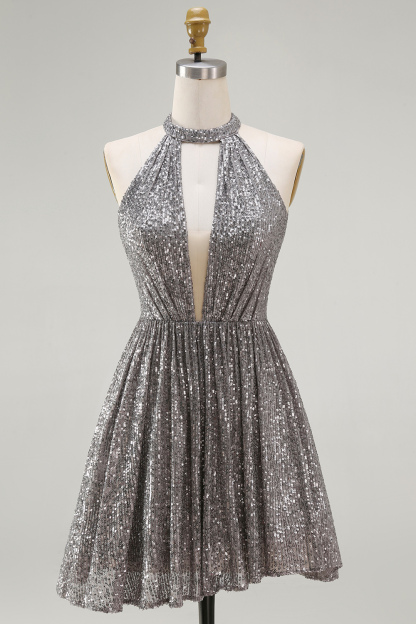 Sparkly Silver Halter Sequin A Line Short Cocktail Dress with Keyhole