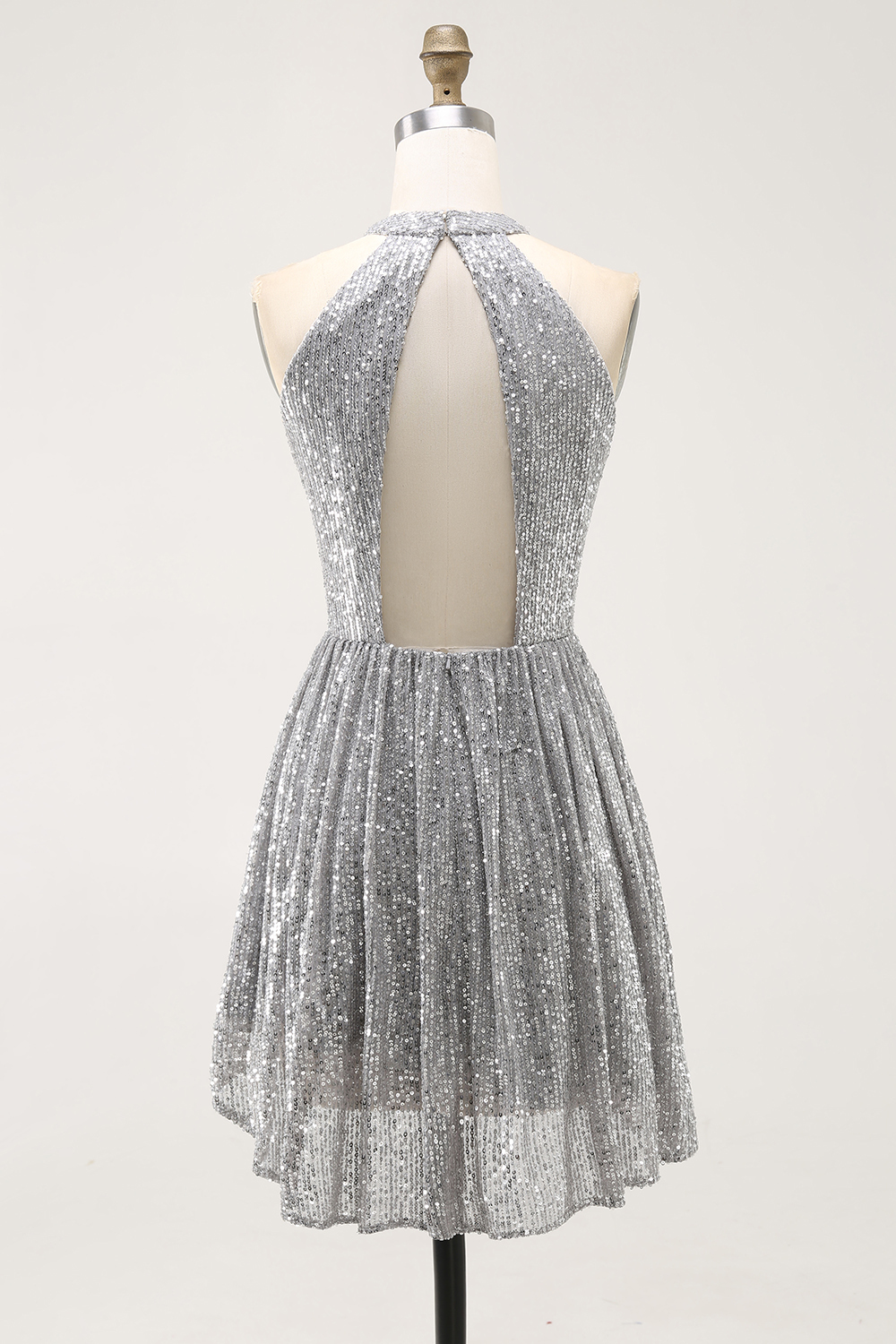 Sparkly Silver Halter Sequin A Line Short Cocktail Dress with Keyhole