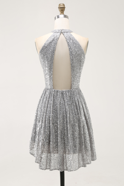 Sparkly Silver Halter Sequin A Line Short Cocktail Dress with Keyhole