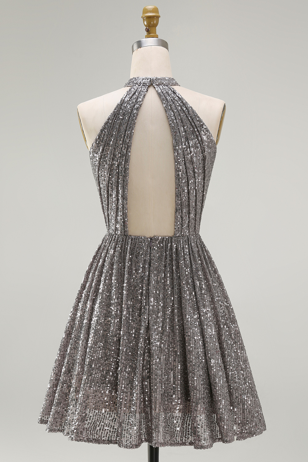 Sparkly Silver Halter Sequin A Line Short Cocktail Dress with Keyhole