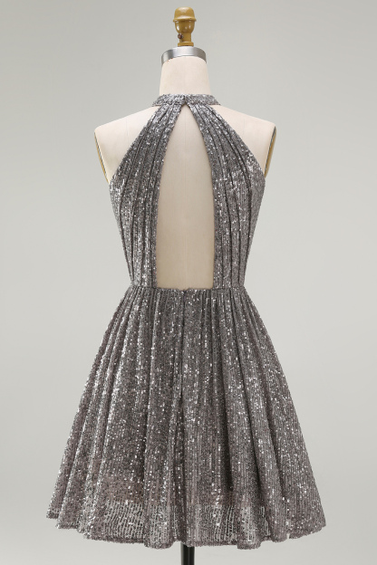 Sparkly Silver Halter Sequin A Line Short Cocktail Dress with Keyhole