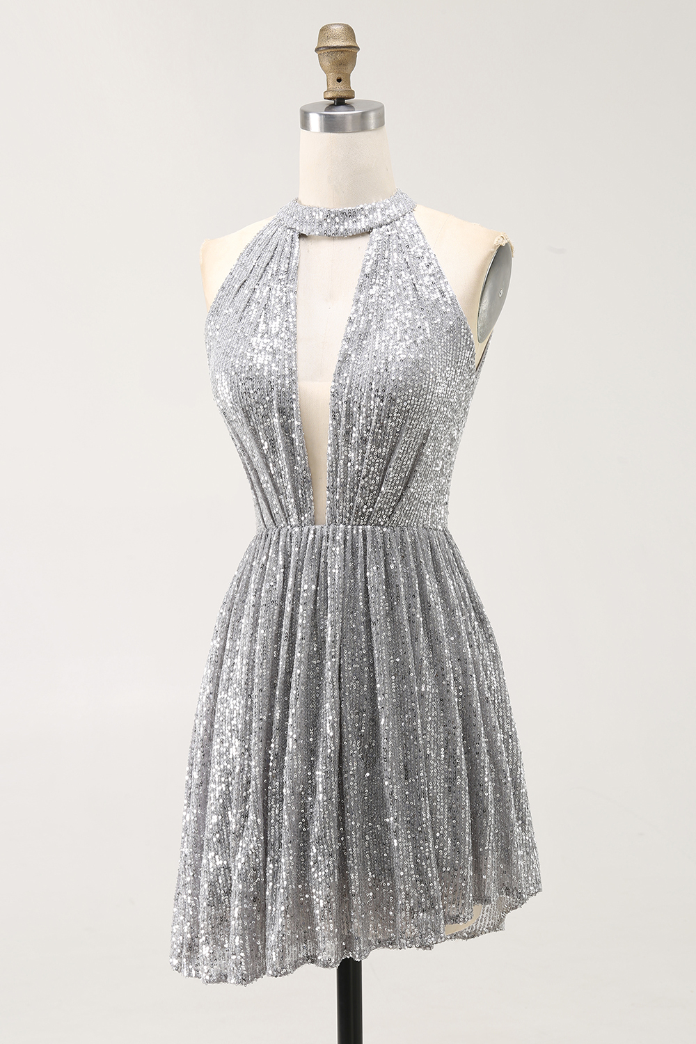 Silver Halter Sparkly Sequin Short A Line Cocktail Dress with Keyhole