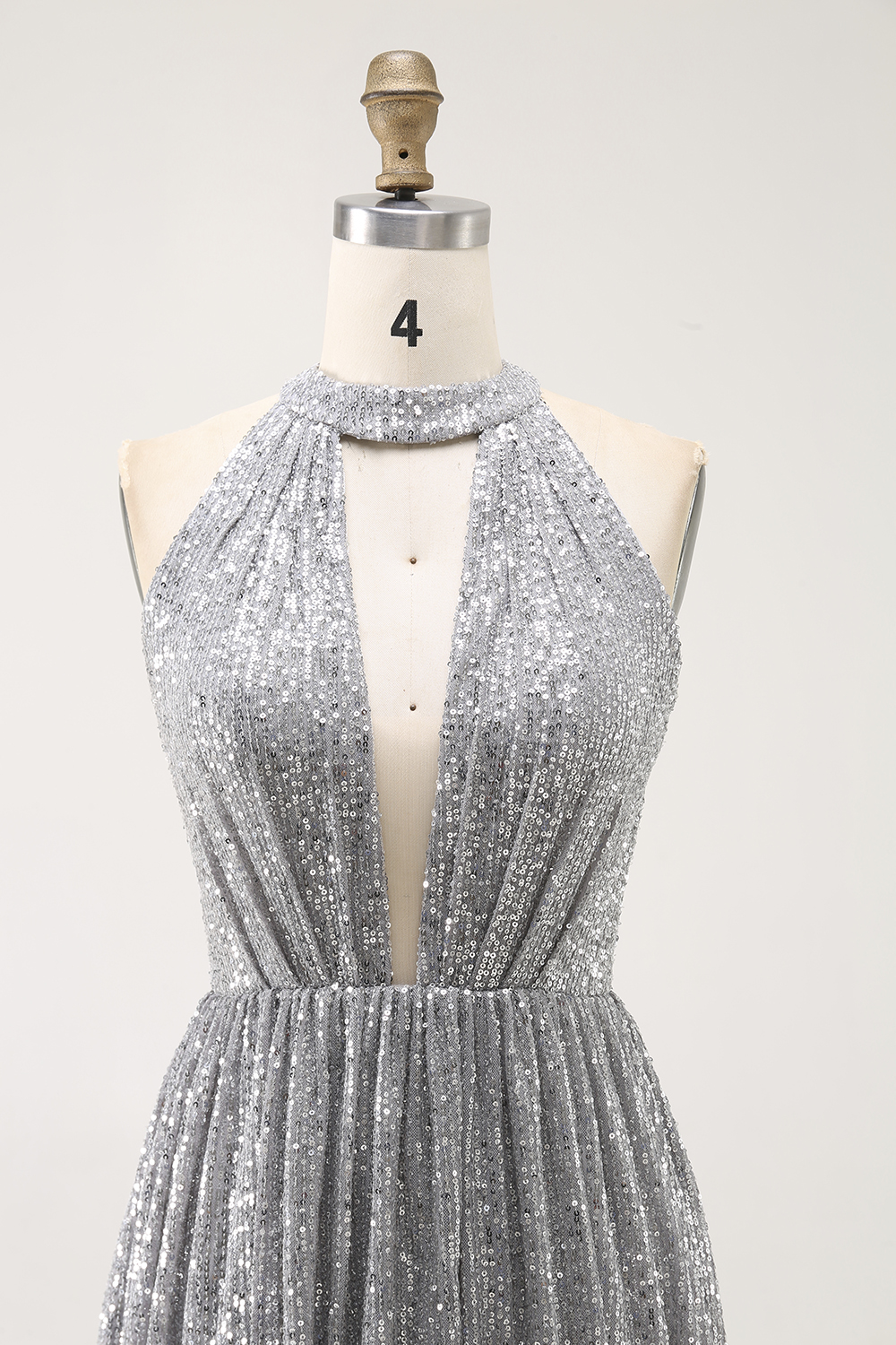 Silver Halter Sparkly Sequin Short A Line Cocktail Dress with Keyhole