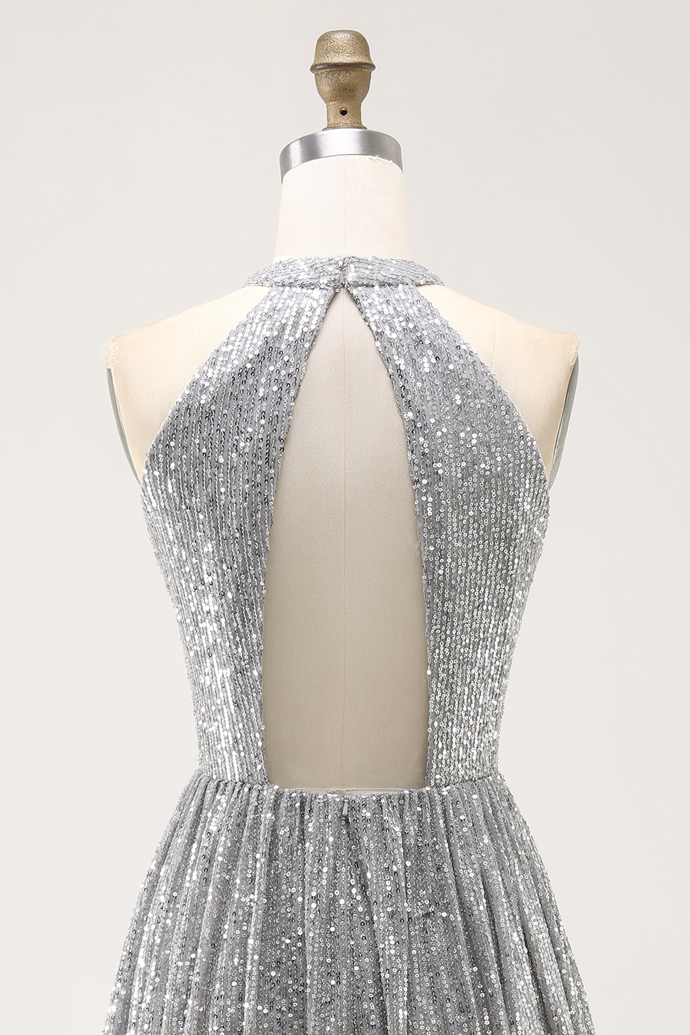 Silver Halter Sparkly Sequin Short A Line Cocktail Dress with Keyhole